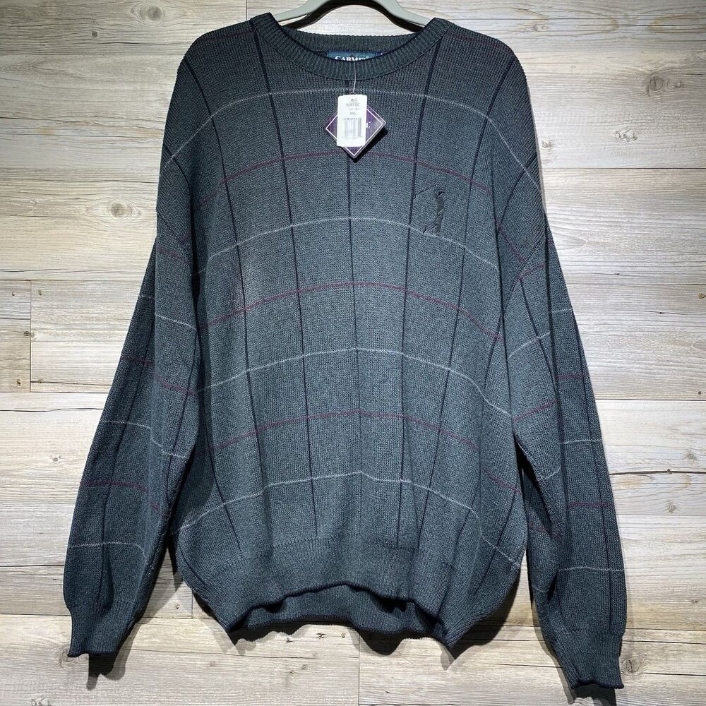 Vintage Carmel Sweater Embroidered Golfer Cotton Men’s XXL USA Made Gray Check